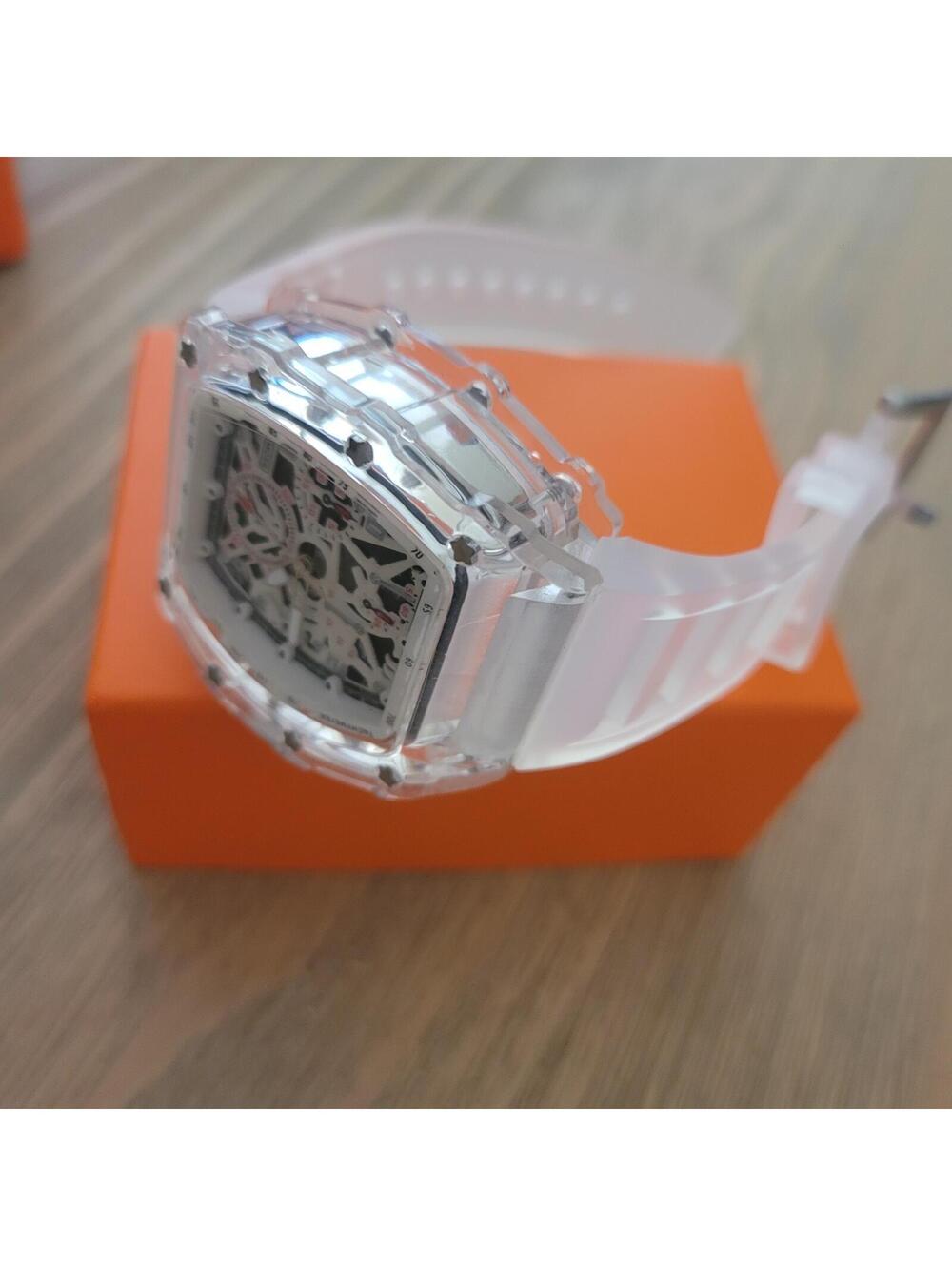 Transparent Skeleton Dial Sports Watch with Silicone Band